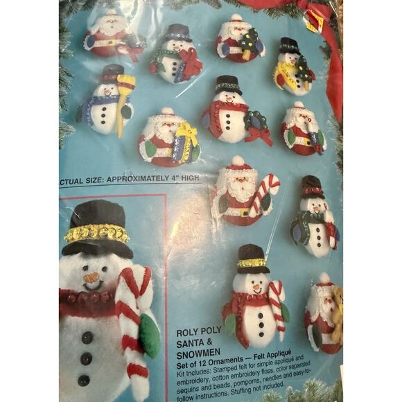 Bucilla Roly Poly Santa & Snowman 83140 Felt Ornaments Needlecraft Kit 1994 NEW - Picture 6 of 6